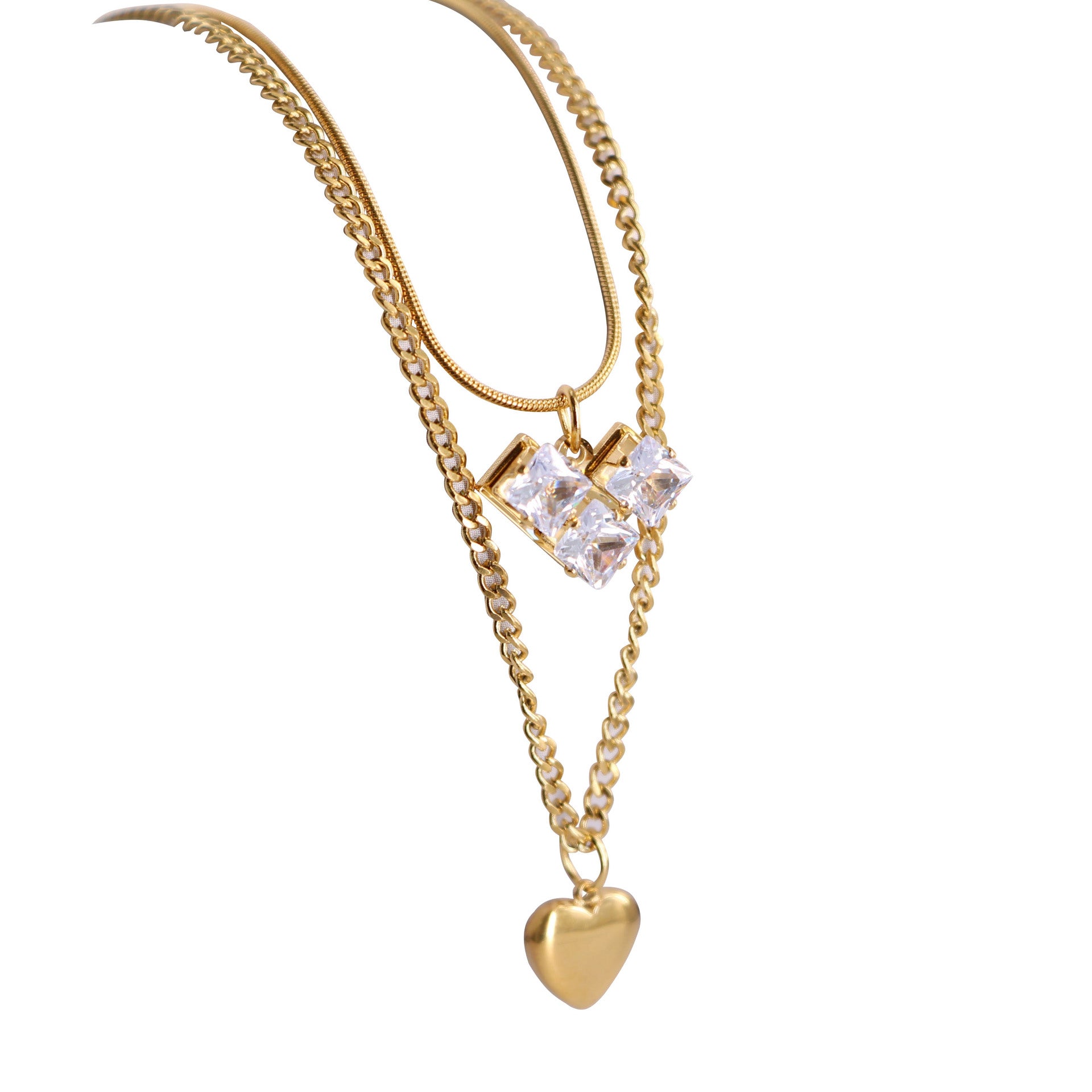 Wholesale Zircon Love Heart Double Layer Titanium Necklaces